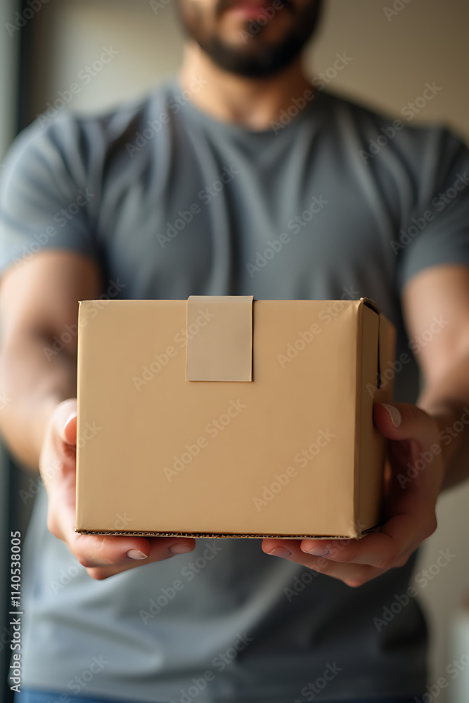 Male hand holds a brown box containing another packaged product ready for shipping to an online shopping customer._00004_ Male hand holds a brown box containing another packaged product ready for shipping to an online shopping customer._00004_