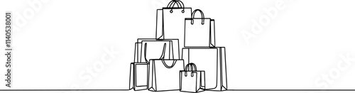 Simple shopping bags continuous line drawing isolated on a white . Paper shopping bags with a gift box one line . Shopping concept.	