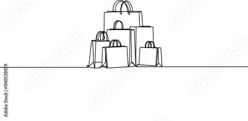 Simple shopping bags continuous line drawing isolated on a white . Paper shopping bags with a gift box one line . Shopping concept.	