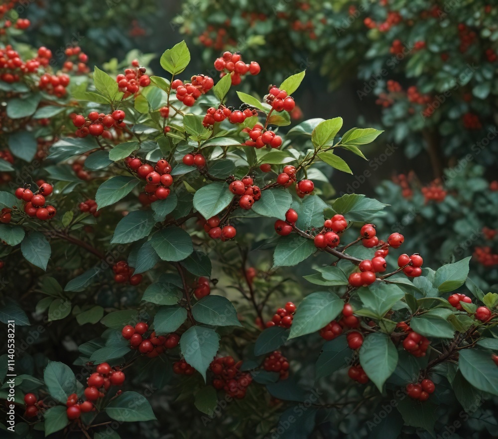 Low-growing shrub with vibrant bright red berries and small green leaves, coniferous, bushy shrub Low-growing shrub with vibrant bright red berries and small green leaves, coniferous, bushy shrub