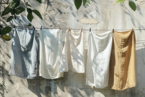 Wallpaper Mural Freshly washed linen hanging on a clothesline in warm sunlight near a textured wall surrounded by green leaves. Generative AI Torontodigital.ca