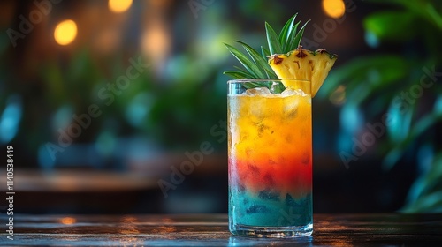 Refreshing tropical drink with pineapple and mint on a sunny day at a beachsi...