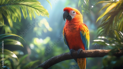 Colorful parrot perched on a tree branch in a lush green rainforest