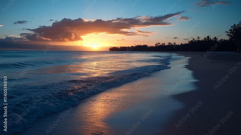 A serene beach at sunset, showcasing vibrant colors and gentle waves lapping at the shore. A serene beach at sunset, showcasing vibrant colors and gentle waves lapping at the shore.