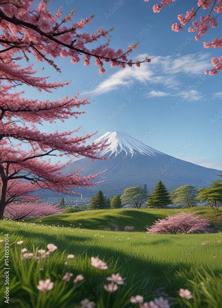 Lush green grass with cherry blossoms and Mount Fuji in the background, serene, landscape, beautiful Lush green grass with cherry blossoms and Mount Fuji in the background, serene, landscape, beautiful