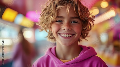 Child with curly hair smiles brightly at a vibrant amusement park during a su...