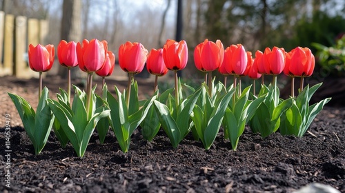 Colorful tulips blooming in spring garden showcasing vibrant hues and natural...