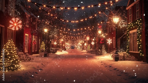 Wallpaper Mural Cozy Snowy Street Scene with Christmas Decorations and Festive Lights, Perfect for Holiday Themed Projects and Seasonal Celebrations Torontodigital.ca