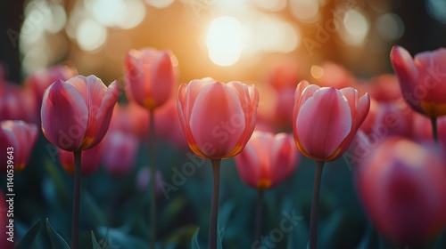 Colorful tulips blooming in spring garden showcasing vibrant hues and natural...