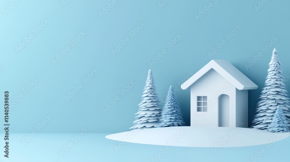 Naklejka premium Minimalist snow scene with house and trees.