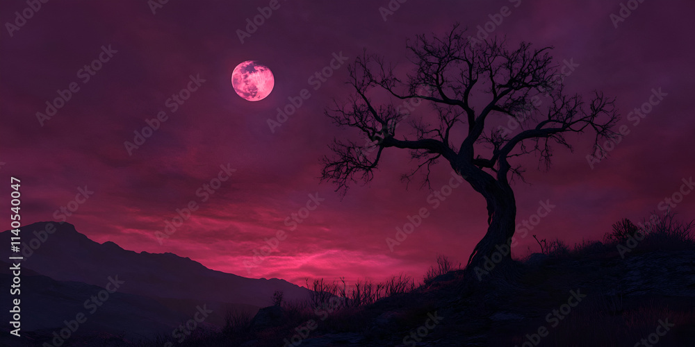 Fototapeta premium Dramatic Moonlit Scene with Lone Tree and Vibrant Night Sky