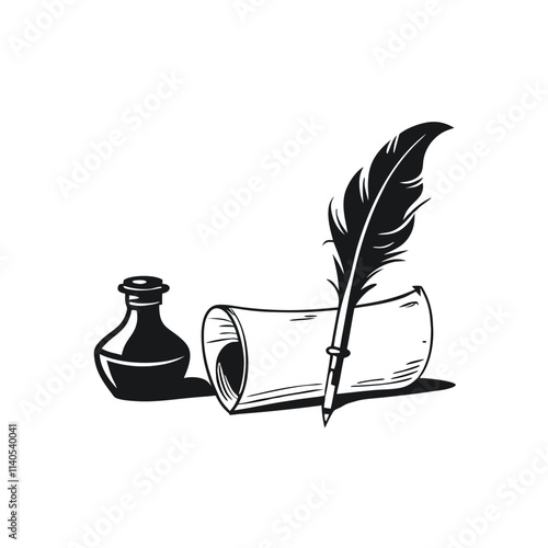 a black and white illustration of a scroll of paper with a quill pen resting on top of it