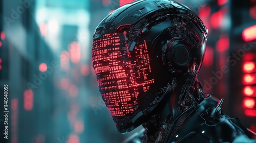 Robot with glowing circuitry in futuristic urban setting during nighttime