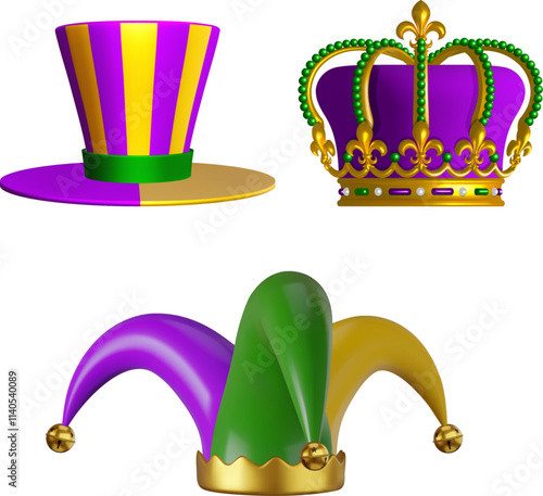 set of mardi gras hats. isolated party caps with mardi gras colors. striped hat, crown and jester hat
