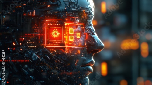 Robot with glowing circuitry in futuristic urban setting during nighttime