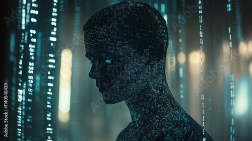 Robot with glowing circuitry in futuristic urban setting during nighttime