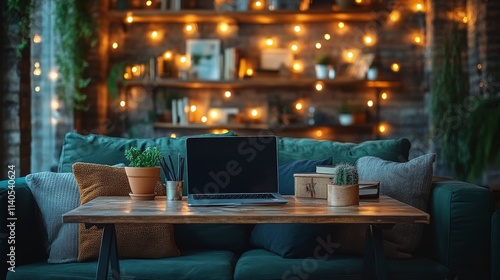 Cozy workspace with a laptop and warm lighting in a relaxed home environment