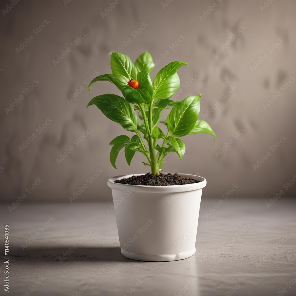Miniature bell pepper plant grown in a repurposed yogurt cup, urban farming, repurposed containers Miniature bell pepper plant grown in a repurposed yogurt cup, urban farming, repurposed containers