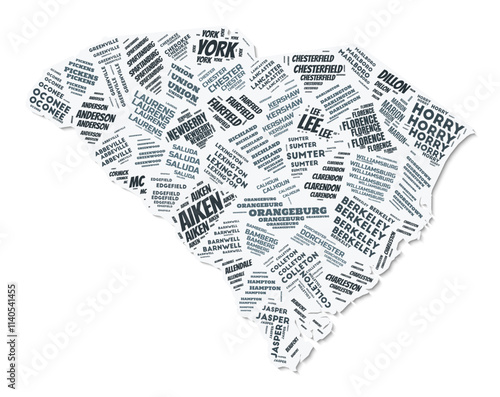 South Carolina shape text cloud. State border with shadow on white background. South Carolina with counties division in vintage gazette style. Vibrant vector illustration.