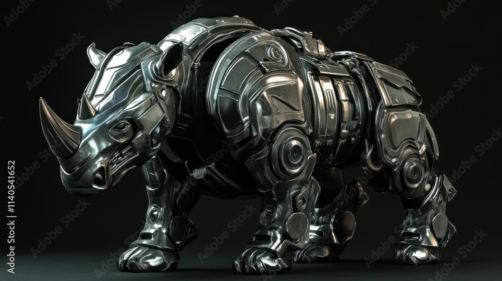 A metallic rhinoceros sculpture showcasing futuristic design and craftsmanship.