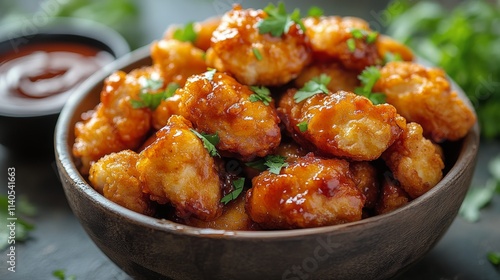Crispy fried chicken wings served with dipping sauce in a bowl on a dark back...