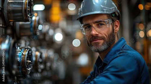 A male engineer in a hard hat and safety glasses stands in a factory, looking directly at the camera.