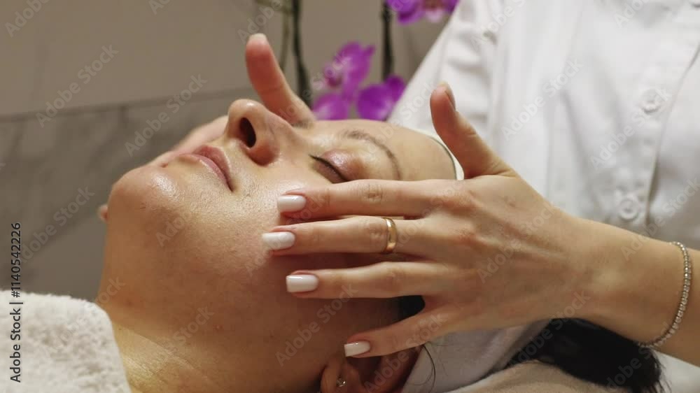 A girl cosmetologist massages the chin and cheeks of a patient. A girl cosmetologist massages the chin and cheeks of a patient.