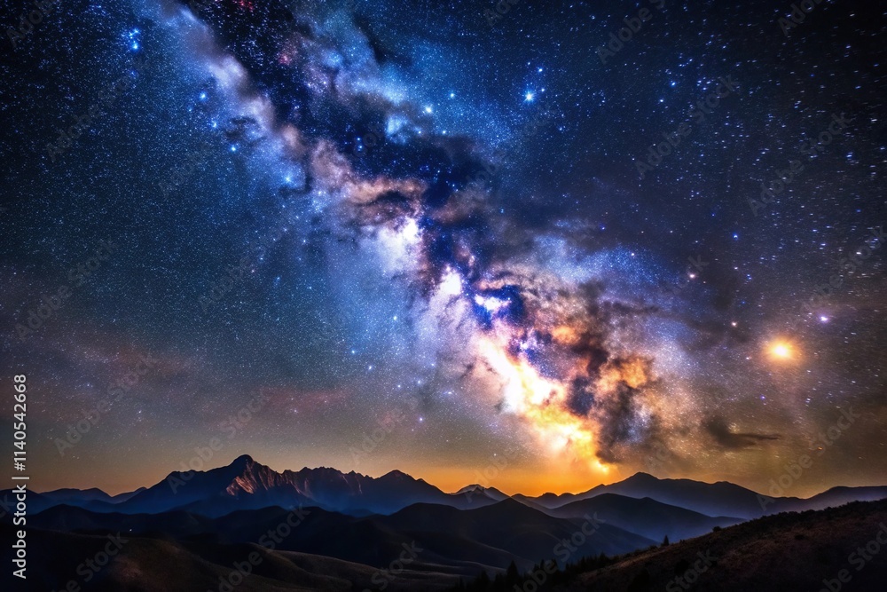 Starry night sky over tranquil landscape Starry night sky over tranquil landscape