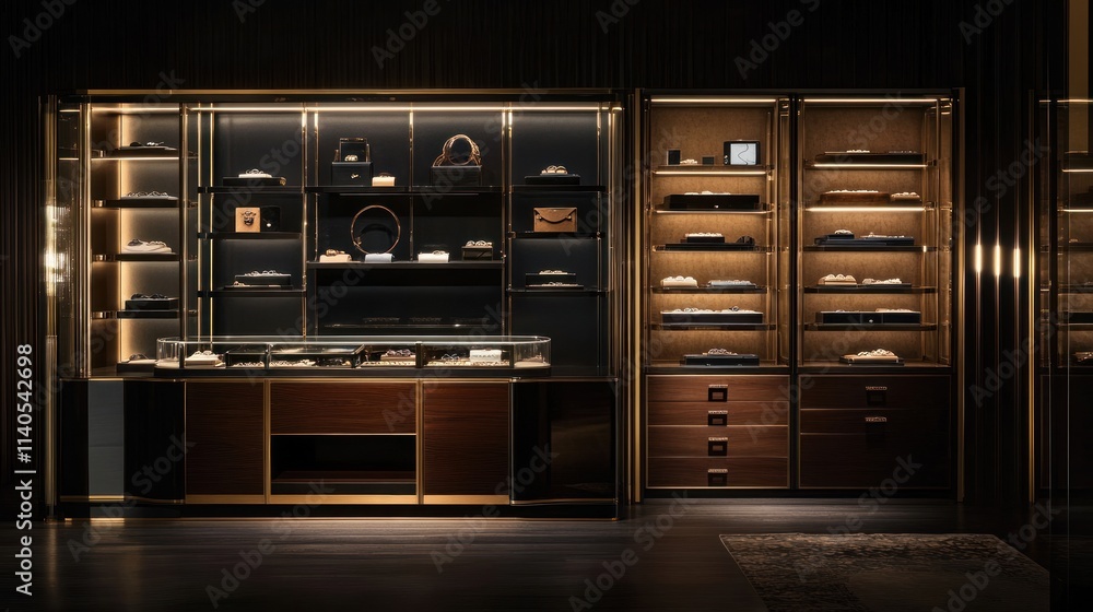 A luxurious display of various high-end items in a well-lit showcase. A luxurious display of various high-end items in a well-lit showcase.