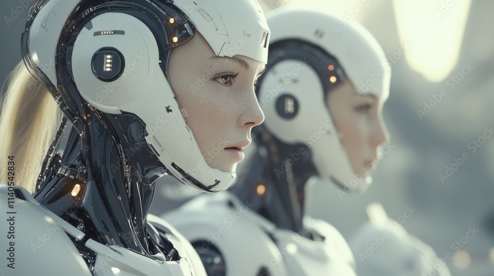 Futuristic humanoid robots lined up in a clean white environment Futuristic humanoid robots lined up in a clean white environment