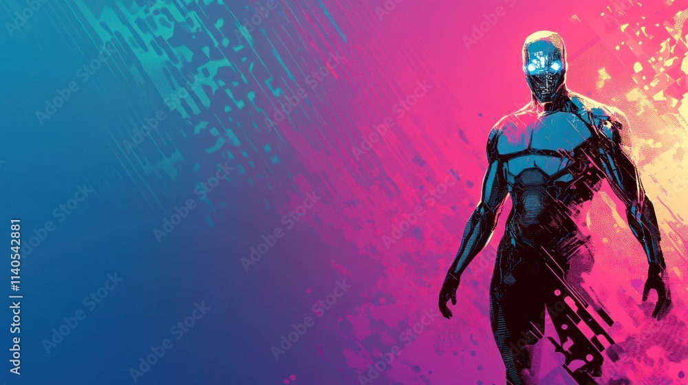 Naklejka premium A futuristic humanoid figure with glowing features against a vibrant gradient background.