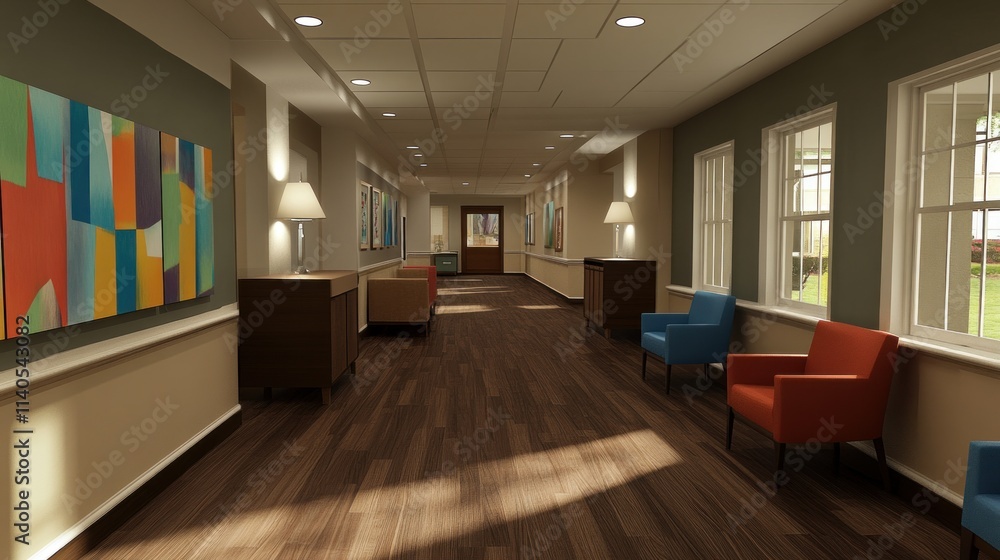 A well-lit hallway with modern furniture and colorful artwork on the walls. A well-lit hallway with modern furniture and colorful artwork on the walls.