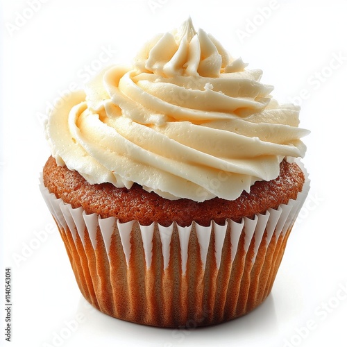 Deliciously frosted cupcake with creamy whipped topping on a white background