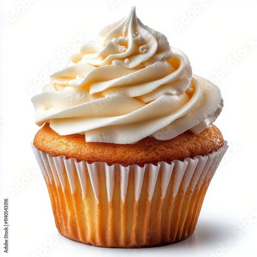Deliciously frosted cupcake with creamy whipped topping on a white background