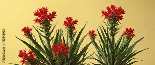 Wallpaper Mural Aloe arborescens plant with red flowers on a yellow background , flowering succulent, bright yellow, succulent plant Torontodigital.ca