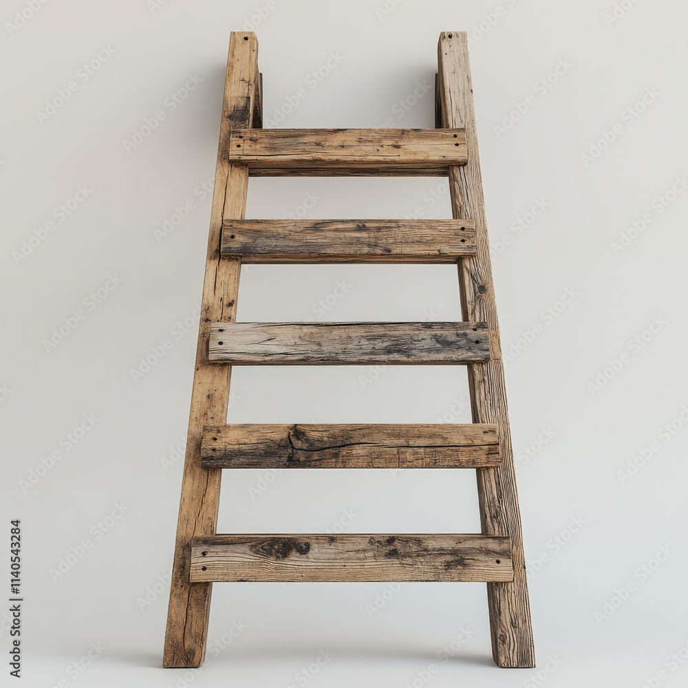 A rustic wooden ladder with a weathered finish, showcasing natural textures and tones, standing against a plain backdrop. A rustic wooden ladder with a weathered finish, showcasing natural textures and tones, standing against a plain backdrop.
