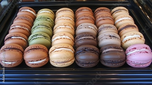 Colorful assortment of macarons arranged on a decorative plate at a dessert t...