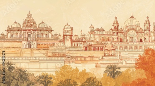 Stunning hand-drawn depiction of Rajasthan's iconic architectural landmarks.