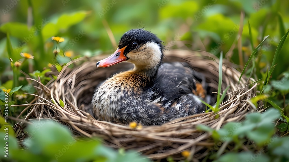 Close-up of a Laysan Duckling Nestled in Its Nest, Framed by Abundant Greenery and a Peaceful, Nature-Filled Landscape Close-up of a Laysan Duckling Nestled in Its Nest, Framed by Abundant Greenery and a Peaceful, Nature-Filled Landscape