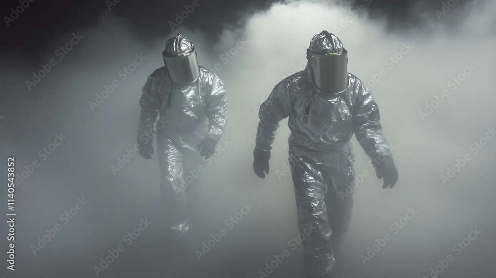 Fototapeta premium Two firefighters walking through smoke during hazard emergency response training exercise