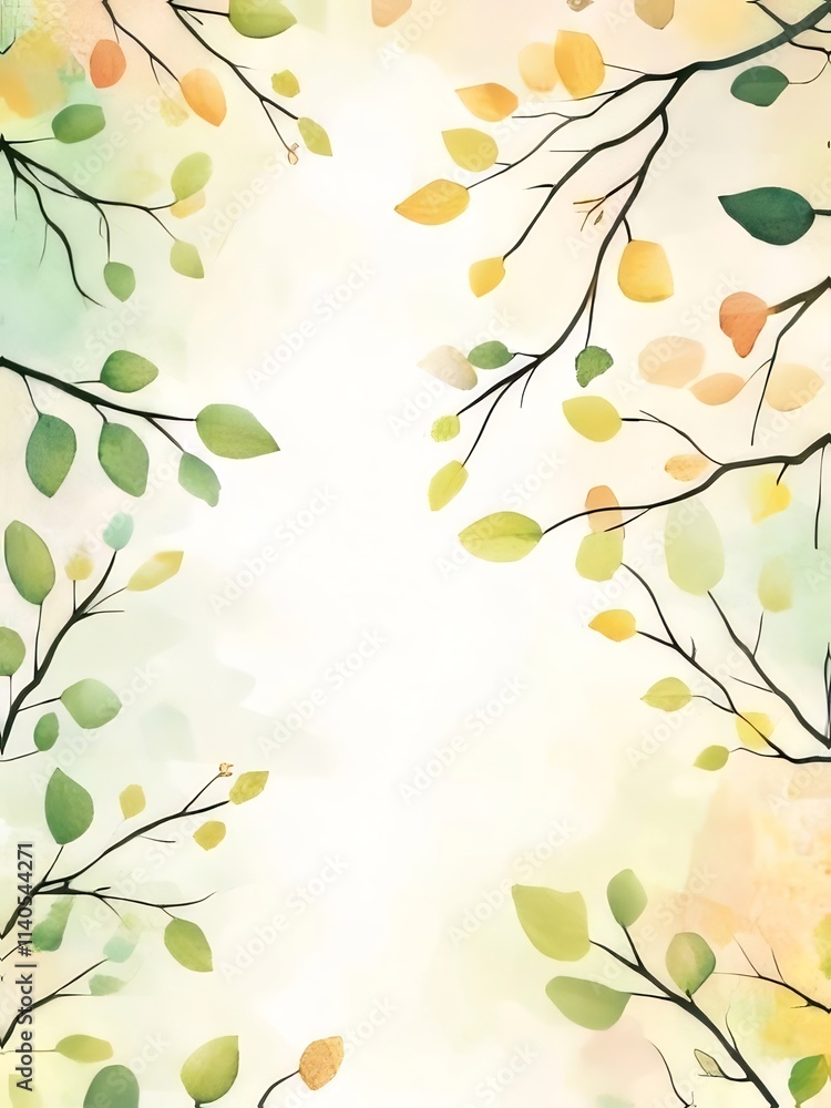 Watercolor painting of branches with green and yellow leaves, creating a frame. Watercolor painting of branches with green and yellow leaves, creating a frame.