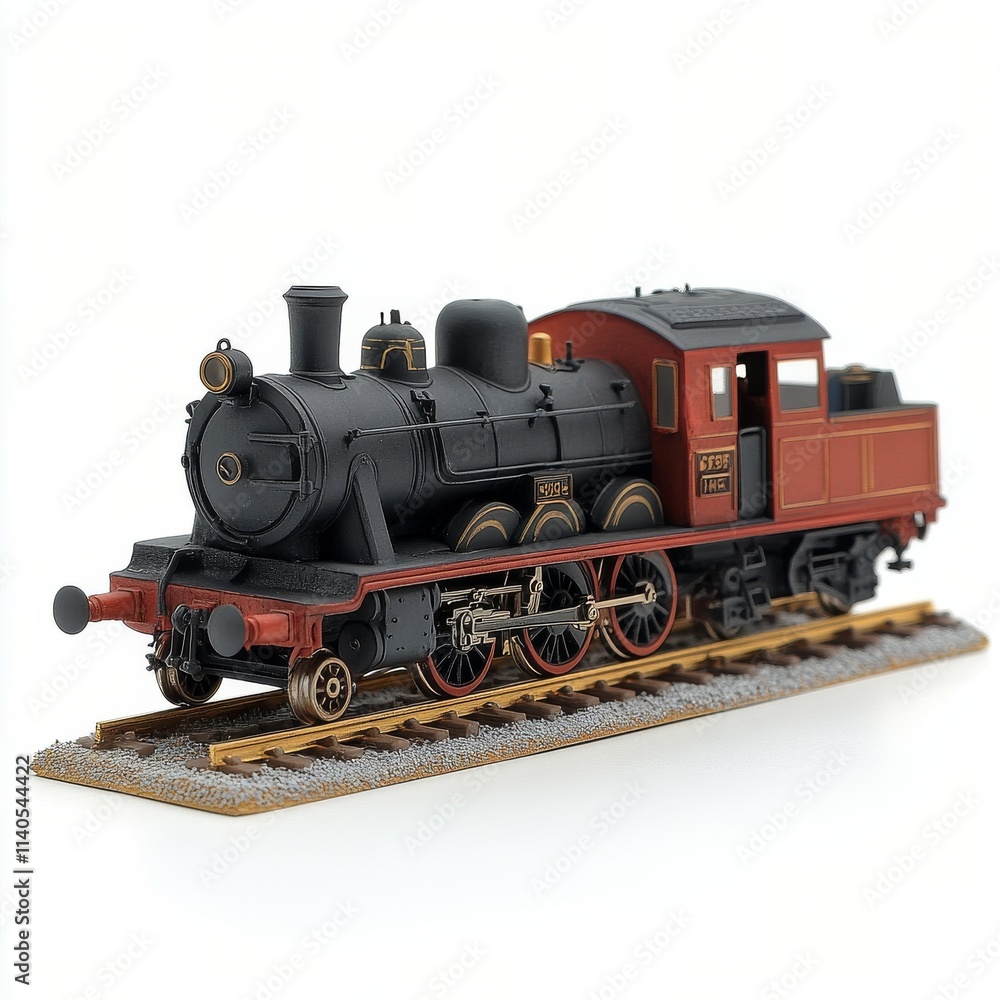 Fototapeta premium Model steam train displayed on a white background showcasing intricate design details