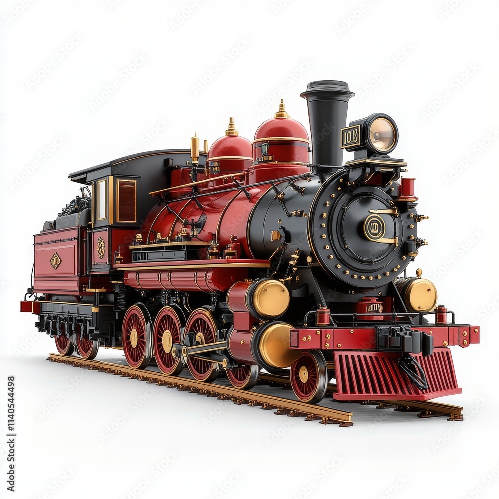 Model steam train displayed on a white background showcasing intricate design details Model steam train displayed on a white background showcasing intricate design details