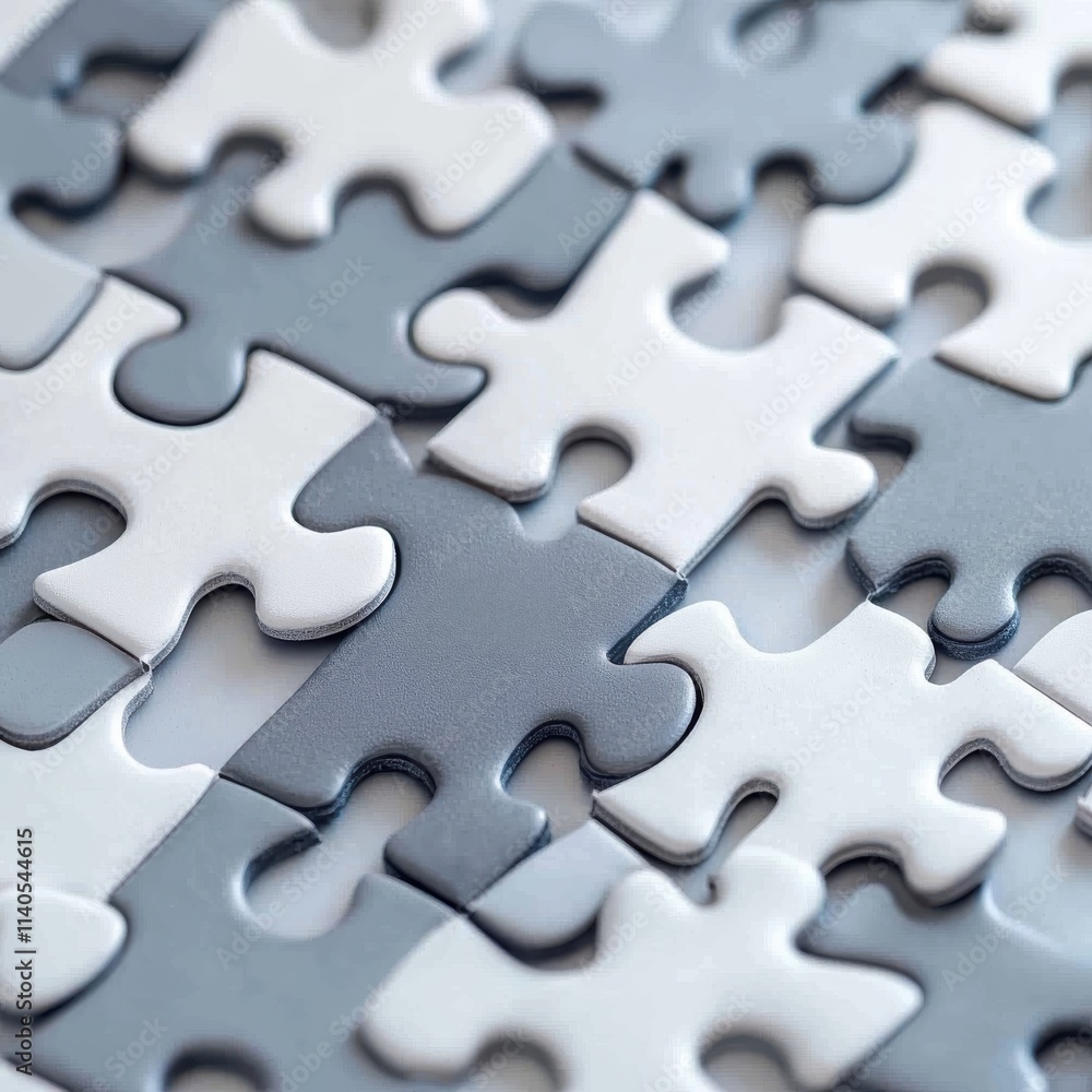 Close-up of abstract gray and white puzzle pieces, creating a visually intriguing and complex pattern. Close-up of abstract gray and white puzzle pieces, creating a visually intriguing and complex pattern.