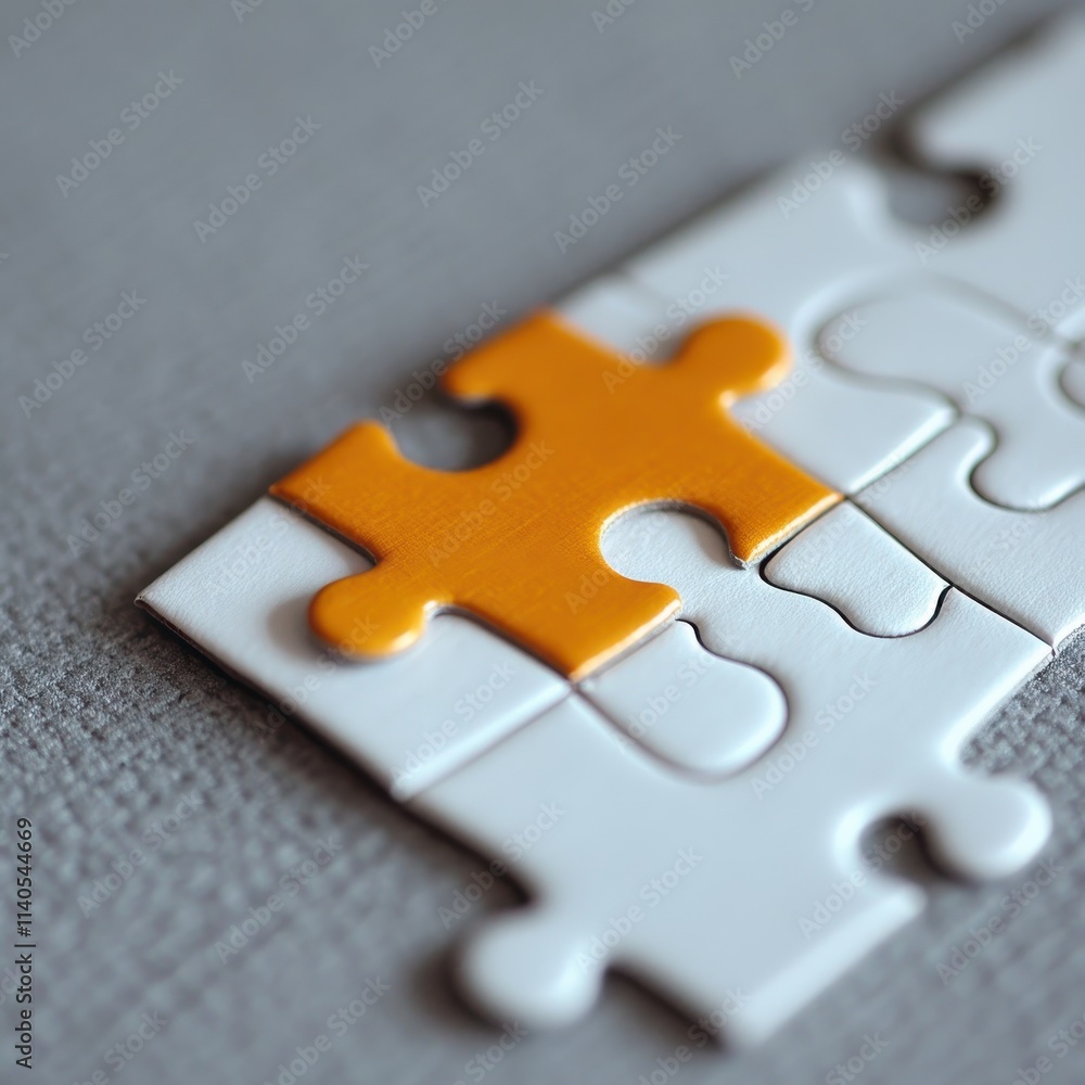 Obraz premium A close-up of an orange puzzle piece fitting into a white puzzle, symbolizing connection and creativity.