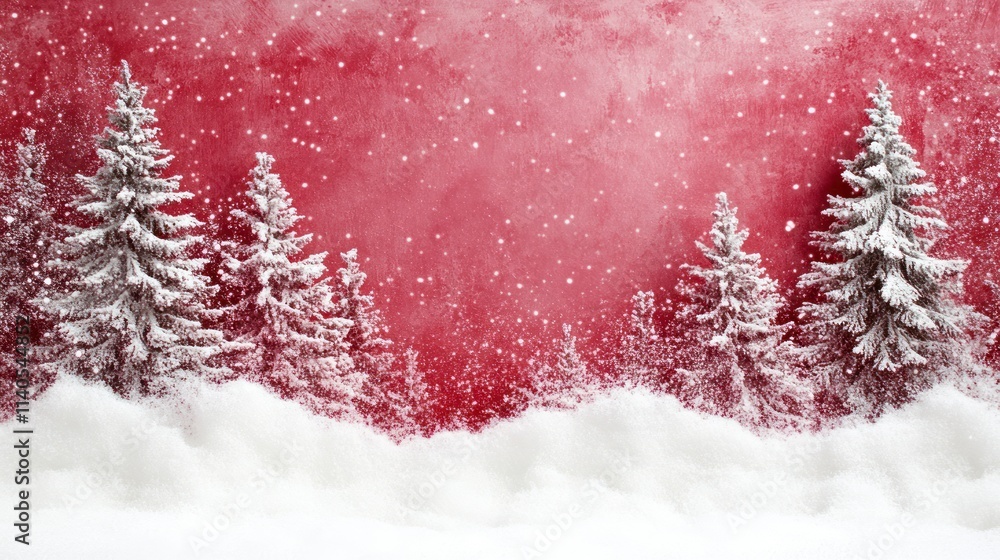 Naklejka premium Winter Wonderland Scene with Snowy Trees and a Vibrant Red Background for Holiday and Christmas Celebrations