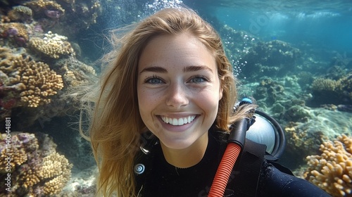 Smiling diver explores vibrant coral reef in crystal clear waters