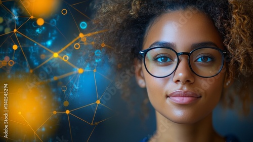 Young woman with glasses and curly hair engaged in scientific exploration in ...