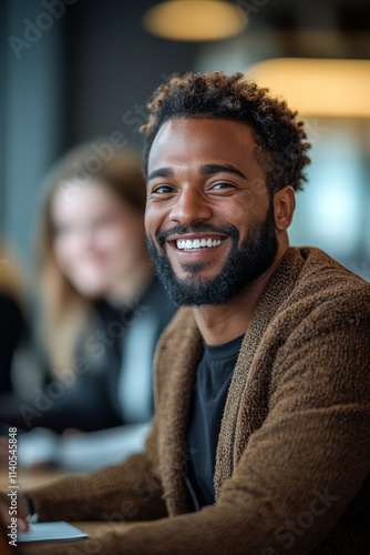 Young man smiling during a group study session in a modern cafe setting