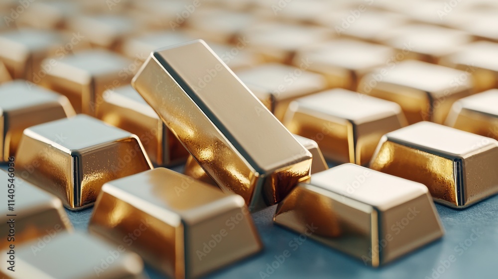 Gold value index concept. Stacks of gleaming gold bars with one prominently displayed in the foreground. Gold value index concept. Stacks of gleaming gold bars with one prominently displayed in the foreground.